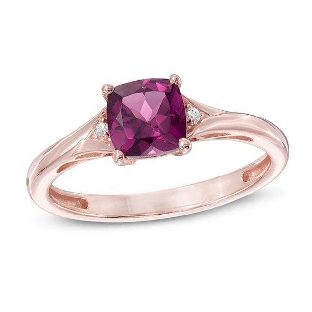 6.0mm Cushion-Cut Rhodolite Garnet and Diamond Accent Ring in 10K Rose Gold