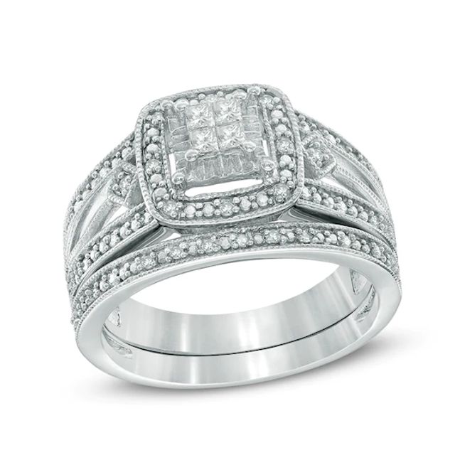 1/4 CT. T.w. Quad Princess-Cut Diamond Layered Frame Split Shank Vintage-Style Bridal Set in Sterling Silver