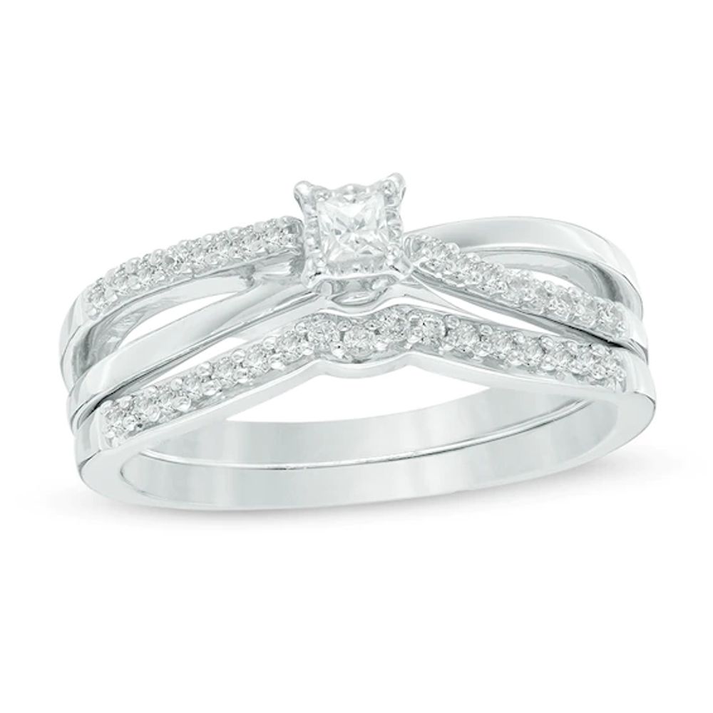 1/4 CT. T.w. Princess-Cut Diamond Crossover Bridal Set in 10K White Gold