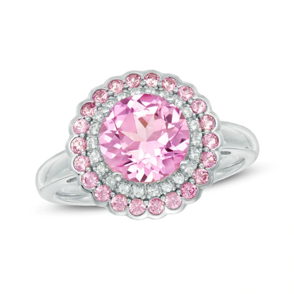 8.0mm Lab-Created Pink and White Sapphire Double Frame Flower Ring in Sterling Silver