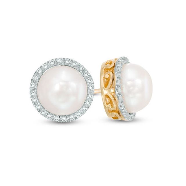8.0mm Baroque Cultured Freshwater Pearl and 1/8 CT. T.w. Diamond Frame Stud Earrings in 10K Gold
