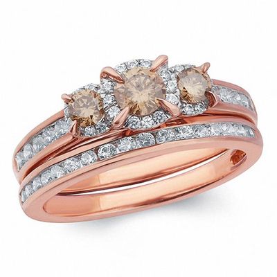 1 CT. T.w. Champagne and White Diamond Frame Three Stone Bridal Set in 14K Rose Gold