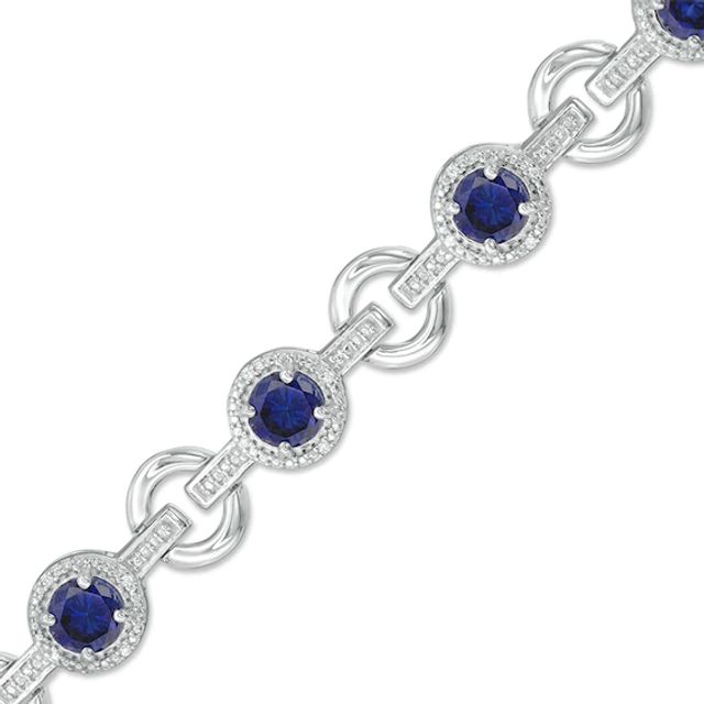 5.0mm Lab-Created Blue Sapphire and 1/10 CT. T.w. Diamond Circle Link Bracelet in Sterling Silver - 7.25"