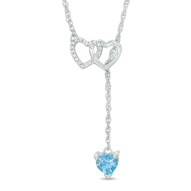 5.0mm Heart-Shaped Blue Topaz and Diamond Accent Double Heart Lariat Necklace in Sterling Silver - 17.5"