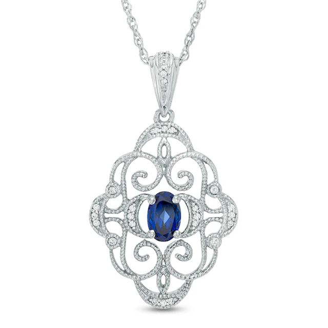 Oval Lab-Created Blue Sapphire and Diamond Accent Vintage-Style Scroll Pendant in Sterling Silver