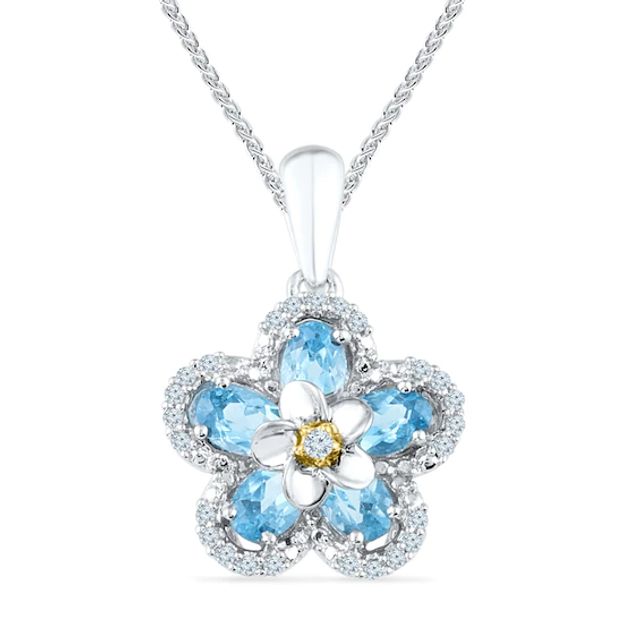 Oval Blue Topaz and 1/10 CT. T.w. Diamond Flower Pendant in Sterling Silver and 10K Gold