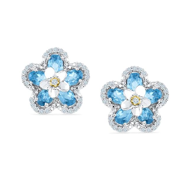 Oval Blue Topaz and 1/5 CT. T.w. Diamond Flower Stud Earrings in Sterling Silver and 10K Gold