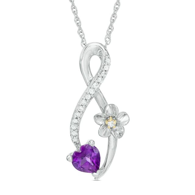 5.0mm Heart-Shaped Amethyst and Diamond Accent Infinity with Flower Pendant in Sterling Silver and 10K Gold