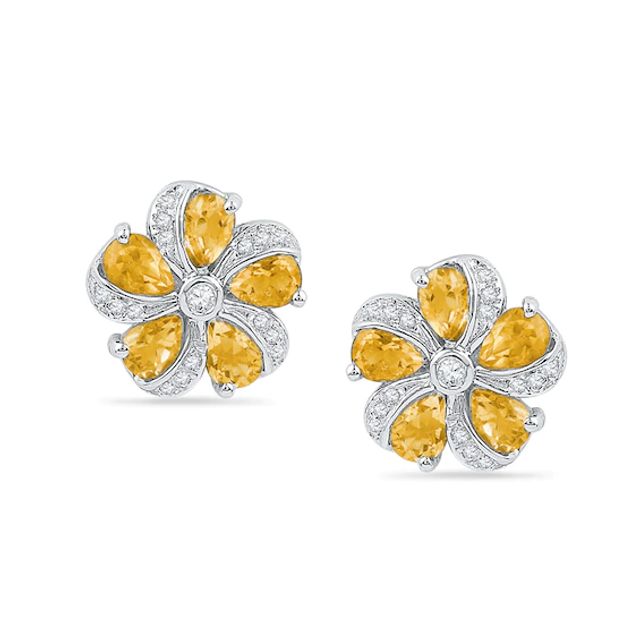 Pear-Shaped Citrine and 1/10 CT. T.w. Diamond Pinwheel Flower Stud Earrings in Sterling Silver