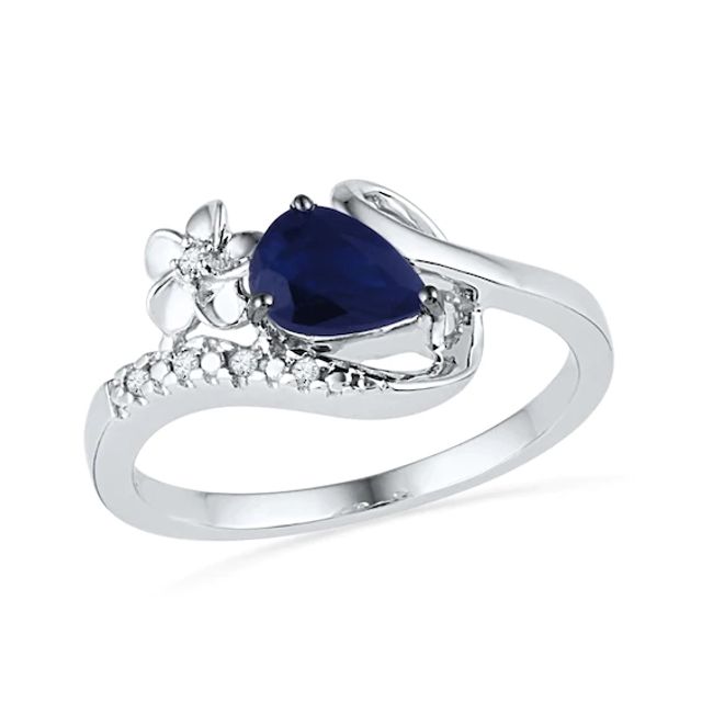 Pear-Shaped Lab-Created Blue Sapphire and Diamond Accent Flower Loop Ring in Sterling Silver