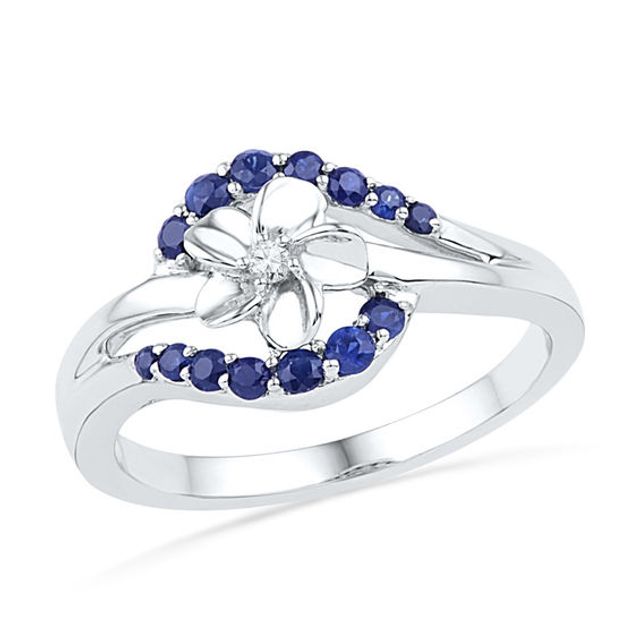 Lab-Created Blue Sapphire and Diamond Accent Flower Bypass Ring in Sterling Silver