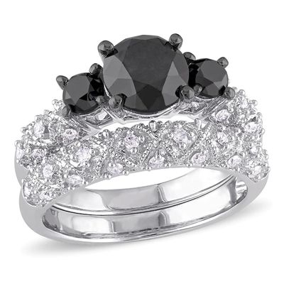 3 CT. T.w. Enhanced Black and White Diamond Three Stone Vintage-Style Bridal Set in 10K White Gold