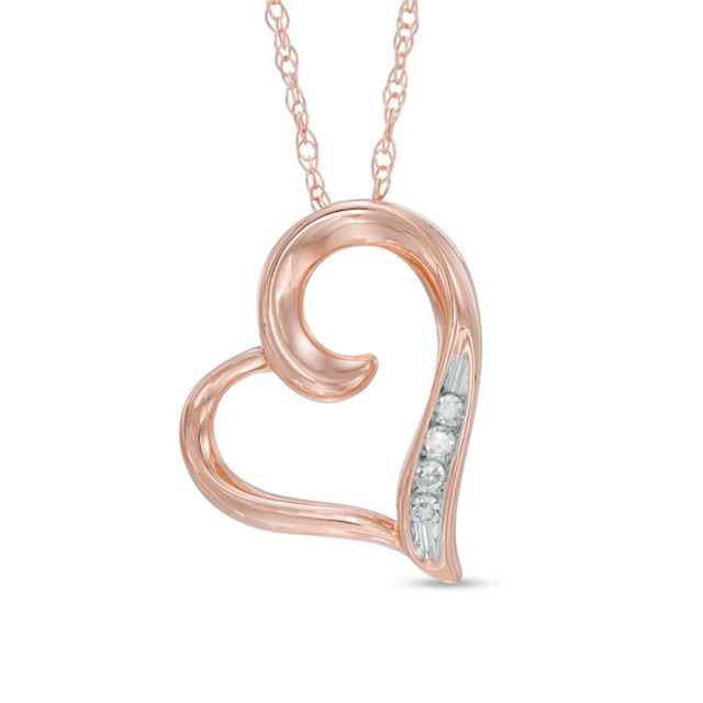 Diamond Accent Four Stone Tilted Heart Pendant in 10K Rose Gold