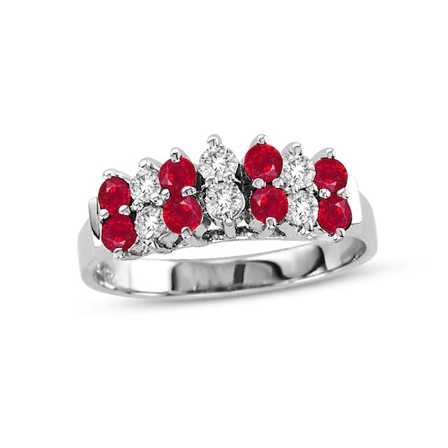 Ruby and 1/3 CT. T.w. Diamond Double Row Band in 14K White Gold