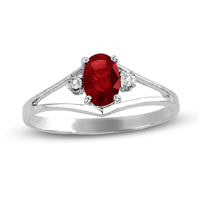 Oval Ruby and Diamond Accent Split Shank Ring in 14K White Gold