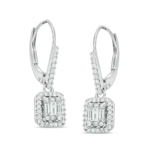 1/2 CT. T.w. Round and Baguette-Cut Multi-Diamond Rectangular Frame Drop Earrings in 14K White Gold