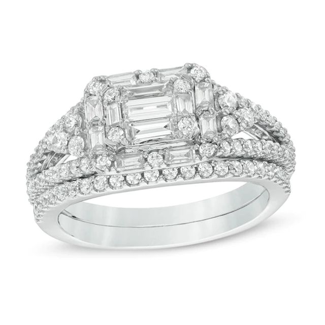 1 CT. T.w. Composite Diamond Rectangular Frame with Tri-Sides Bridal Set in 14K White Gold