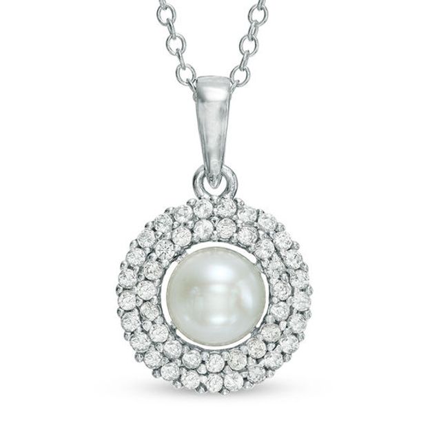 6.0 - 6.5mm Cultured Freshwater Pearl and Lab-Created White Sapphire Frame Pendant in Sterling Silver