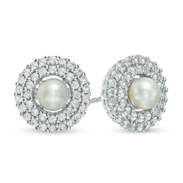 4.5-5.0mm Freshwater Cultured Pearl and Lab-Created White Sapphire Frame Stud Earrings in Sterling Silver