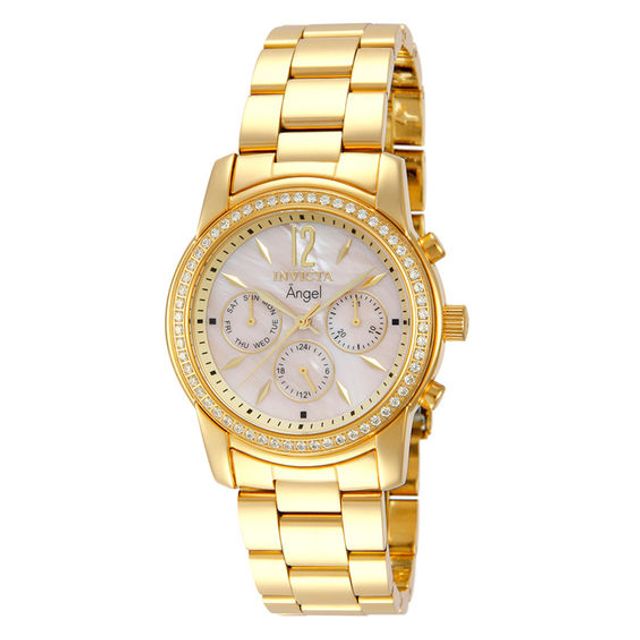Ladies' Invicta Angel Cubic Zirconia Gold-Tone Watch with Mother-of-Pearl Dial (Model: 11772)