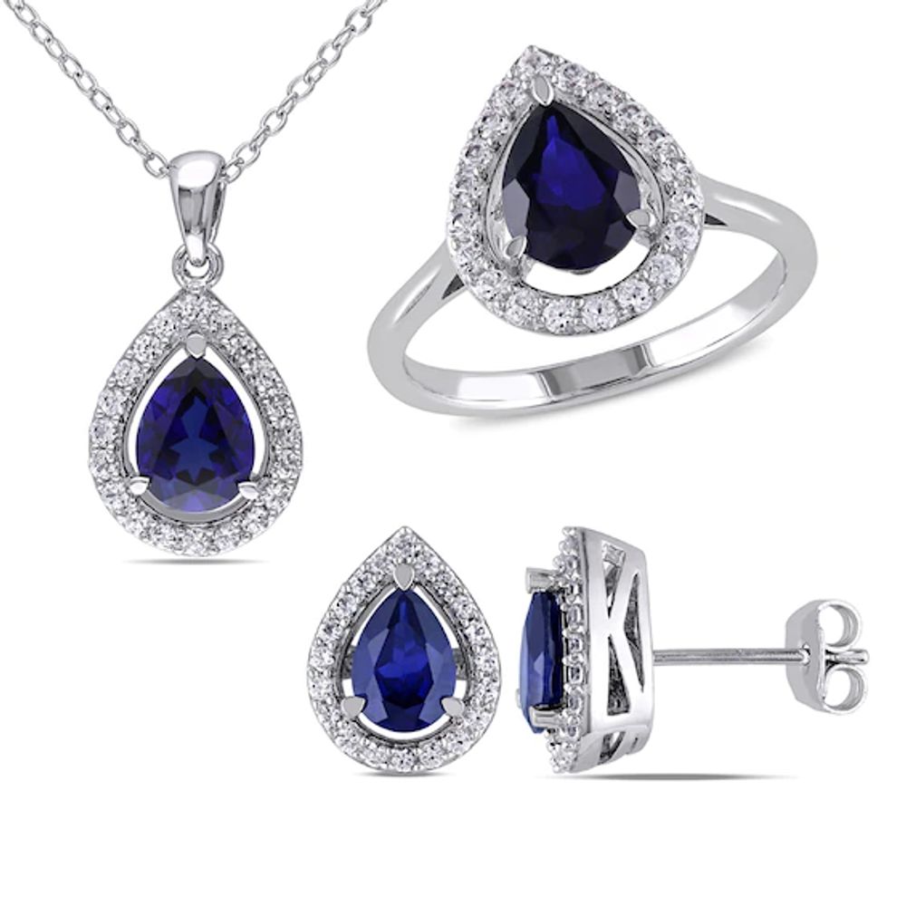 Pear-Shaped Lab-Created Blue and White Sapphire Frame Pendant, Ring and Earrings Set in Sterling Silver - Size 7