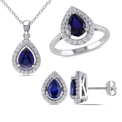 Pear-Shaped Lab-Created Blue and White Sapphire Frame Pendant, Ring and Earrings Set in Sterling Silver - Size 7
