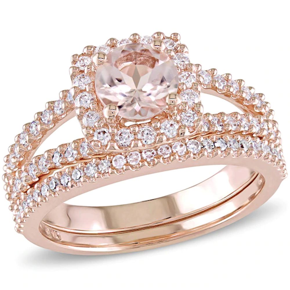 6.0mm Morganite and 5/8 CT. T.w. Diamond Square Frame Split Shank Bridal Set in 14K Rose Gold