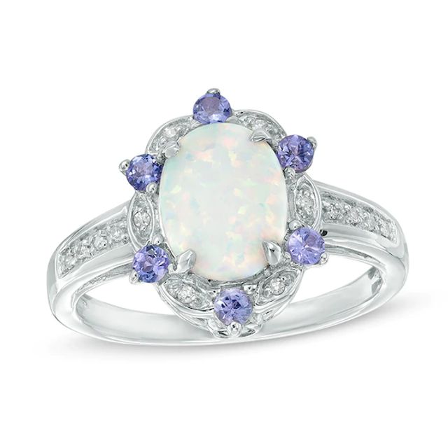 Oval Lab-Created Opal, Tanzanite and Diamond Accent Frame Ring in Sterling Silver