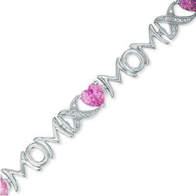 5.0mm Heart-Shaped Lab-Created Pink Sapphire and Diamond Accent Mom Bracelet in Sterling Silver - 7.25"