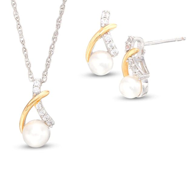 Freshwater Cultured Pearl and Lab-Created White Sapphire Pendant and Earrings Set in Sterling Silver with 14K Gold Plate
