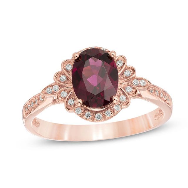 Oval Rhodolite Garnet and 1/10 CT. T.w. Diamond Petal Frame Ring in 10K Rose Gold