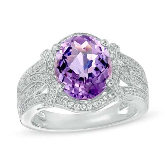 Oval Amethyst and Lab-Created White Sapphire Frame Split Shank Ring in Sterling Silver