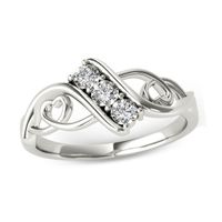 1/10 CT. T.w. Diamond Three Stone Bypass with Hearts Ring in 14K White Gold