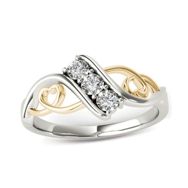 1/10 CT. T.w. Diamond Three Stone Bypass with Hearts Ring in 14K White Gold and Yellow Rhodium
