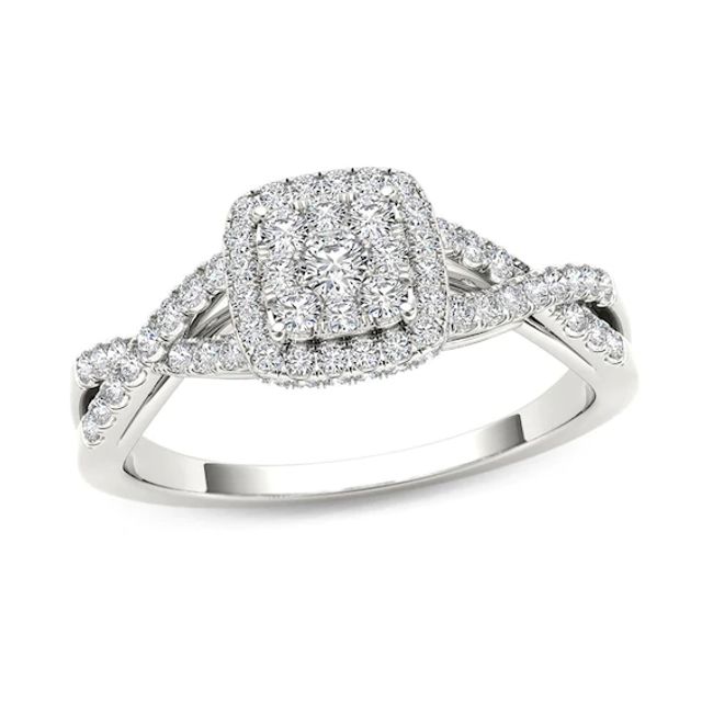 1/2 CT. T.w. Multi-Diamond Square Frame Twist Shank Engagement Ring in 14K White Gold