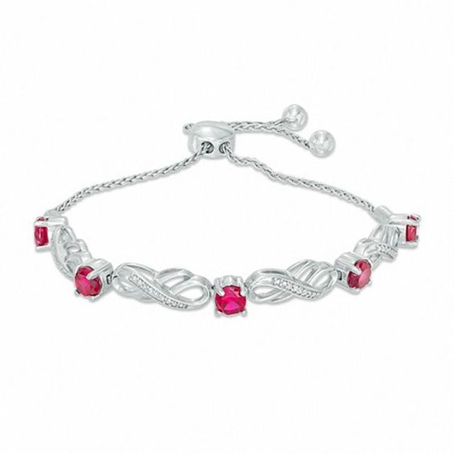 4.5mm Lab-Created Ruby and Diamond Accent Five Stone Infinity Bolo Bracelet in Sterling Silver - 9.5"