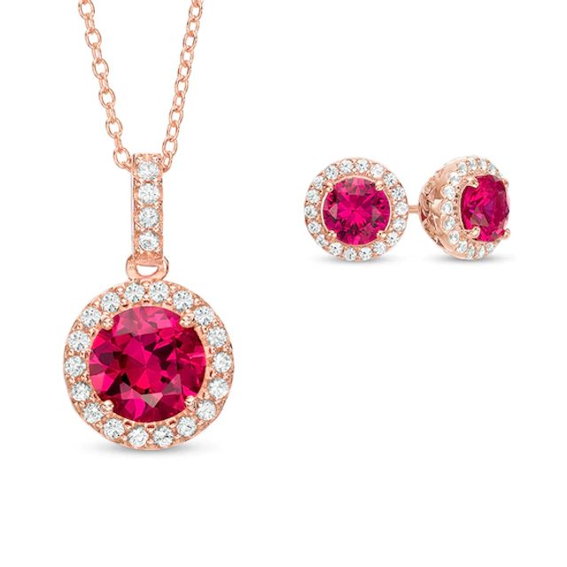 Lab-Created Ruby and White Sapphire Frame Pendant and Earrings Set in Sterling Silver with 18K Rose Gold Plate