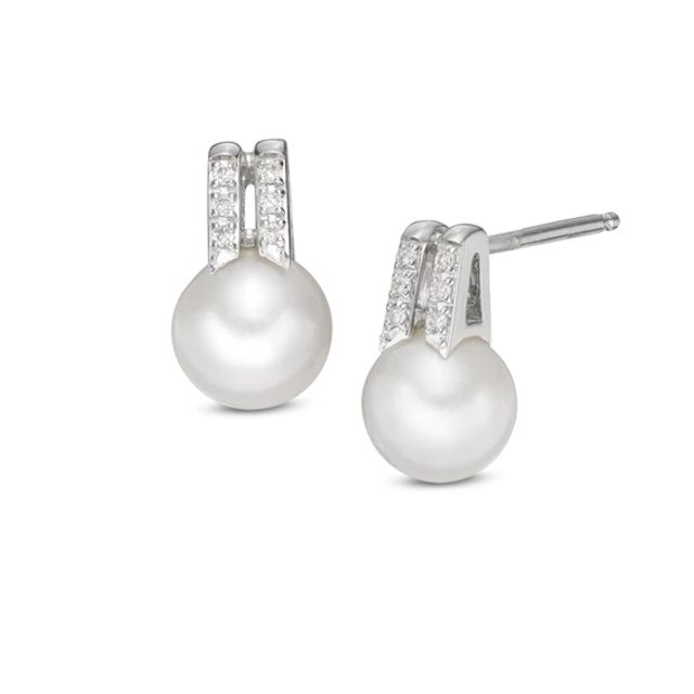 6.0-7.0mm Freshwater Cultured Pearl and Lab-Created White Sapphire Double Row Drop Earrings in Sterling Silver