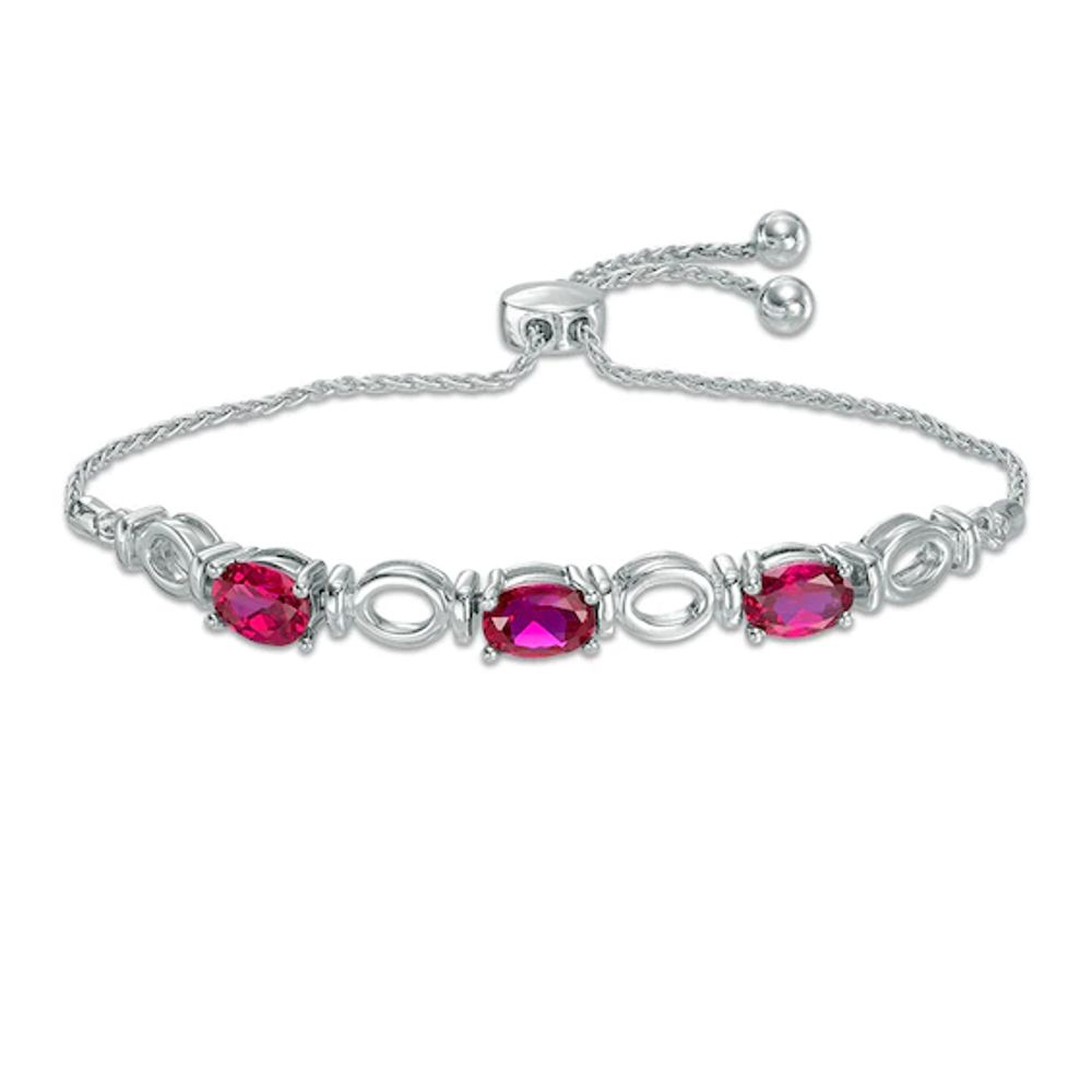 Oval Lab-Created Ruby Three Stone Bolo Bracelet in Sterling Silver - 9.5"