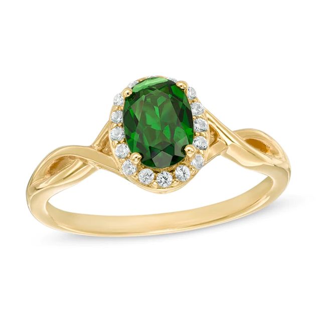 Oval Chrome Diopside and Lab-Created White Sapphire Twist Shank Ring in 10K Gold