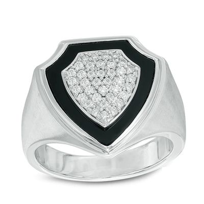 Men's Onyx and 3/8 CT. T.w. Diamond Shield Ring in Sterling Silver