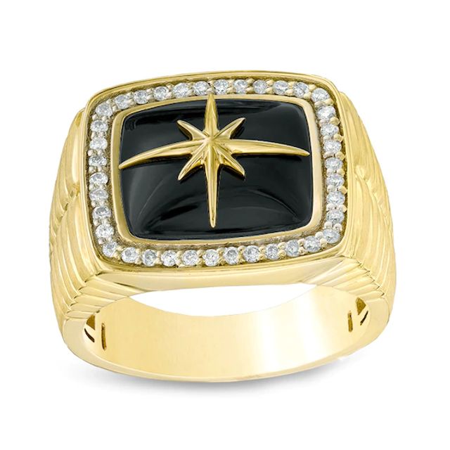 Men's Onyx and 1/3 CT. T.w. Diamond Compass Star Ring in 10K Gold
