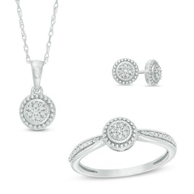 1/10 CT. T.w. Diamond Circle Frame Pendant, Stud Earrings and Ring Set in Sterling Silver