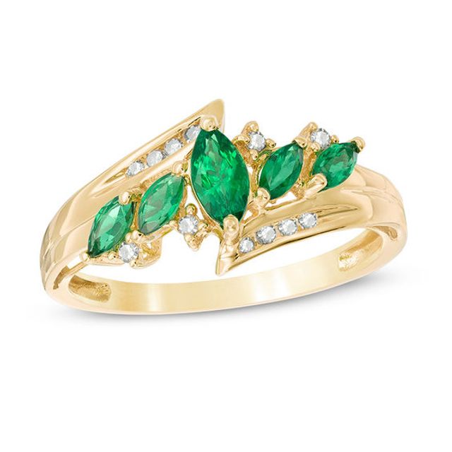 Marquise Lab-Created Emerald and 1/10 CT. T.w. Diamond Five Stone Ring in 10K Gold