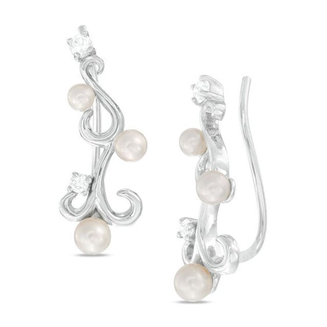 2.5-4.0mm Freshwater Cultured Pearl and Lab-Created White Sapphire Filigree Crawler Earrings in Sterling Silver