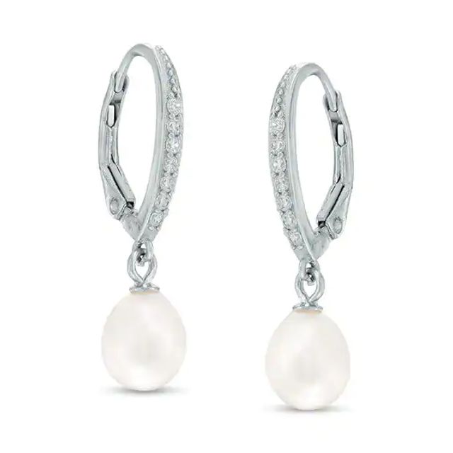 6.0-6.5mm Oval Freshwater Cultured Pearl and Lab-Created White Sapphire Drop Earrings in Sterling Silver