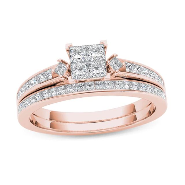 3/4 CT. T.w. Quad Princess-Cut Diamond Bridal Set in 14K Rose Gold