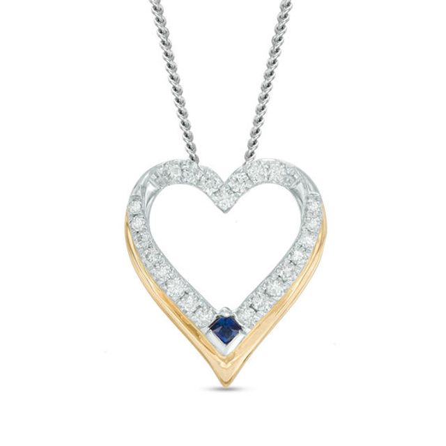 Vera Wang Love Collection Blue Sapphire and 1/20 CT. T.w. Diamond Heart Pendant in 14K Two-Tone Gold - 19"