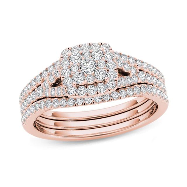 3/4 CT. T.w. Composite Diamond Cushion Frame Three Piece Bridal Set in 14K Rose Gold