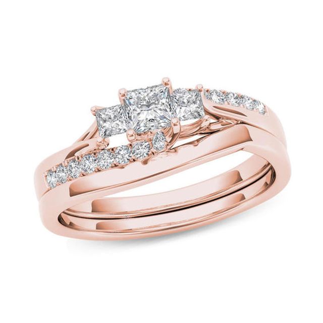 1/2 CT. T.w. Princess-Cut Diamond Three Stone Bypass Bridal Set in 14K Rose Gold